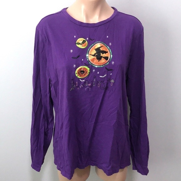 Halloween Witch Bat Spider Purple Long Sleeve Top - Picture 1 of 4